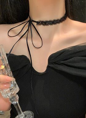 甜酷辣妹黑色蝴蝶结蕾丝绑带项链叠戴choker锁骨链复古设计感颈链