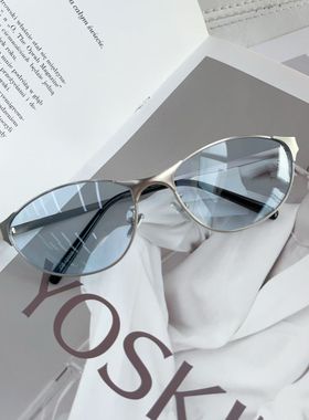 美式复古猫眼蓝色墨镜女Y2k时尚辣妹凹造型街拍防紫外线太阳镜男