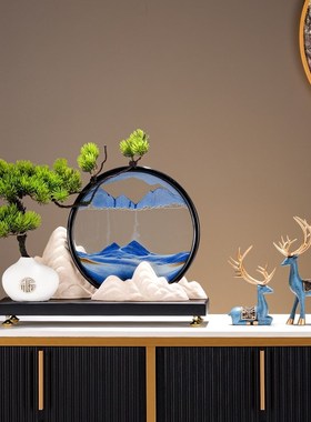 创意迎客松流沙画摆件新中式客厅玄关办公室轻奢高档茶室软装饰品