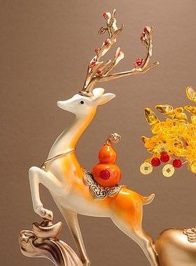 福鹿发财树元宝摆件办公室高档酒柜电视柜中式装饰品开业乔迁礼物