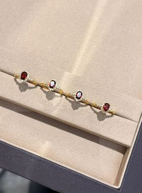 厚镀18k金天然石榴石戒指女小众设计感轻奢食指戒开口可调节指环