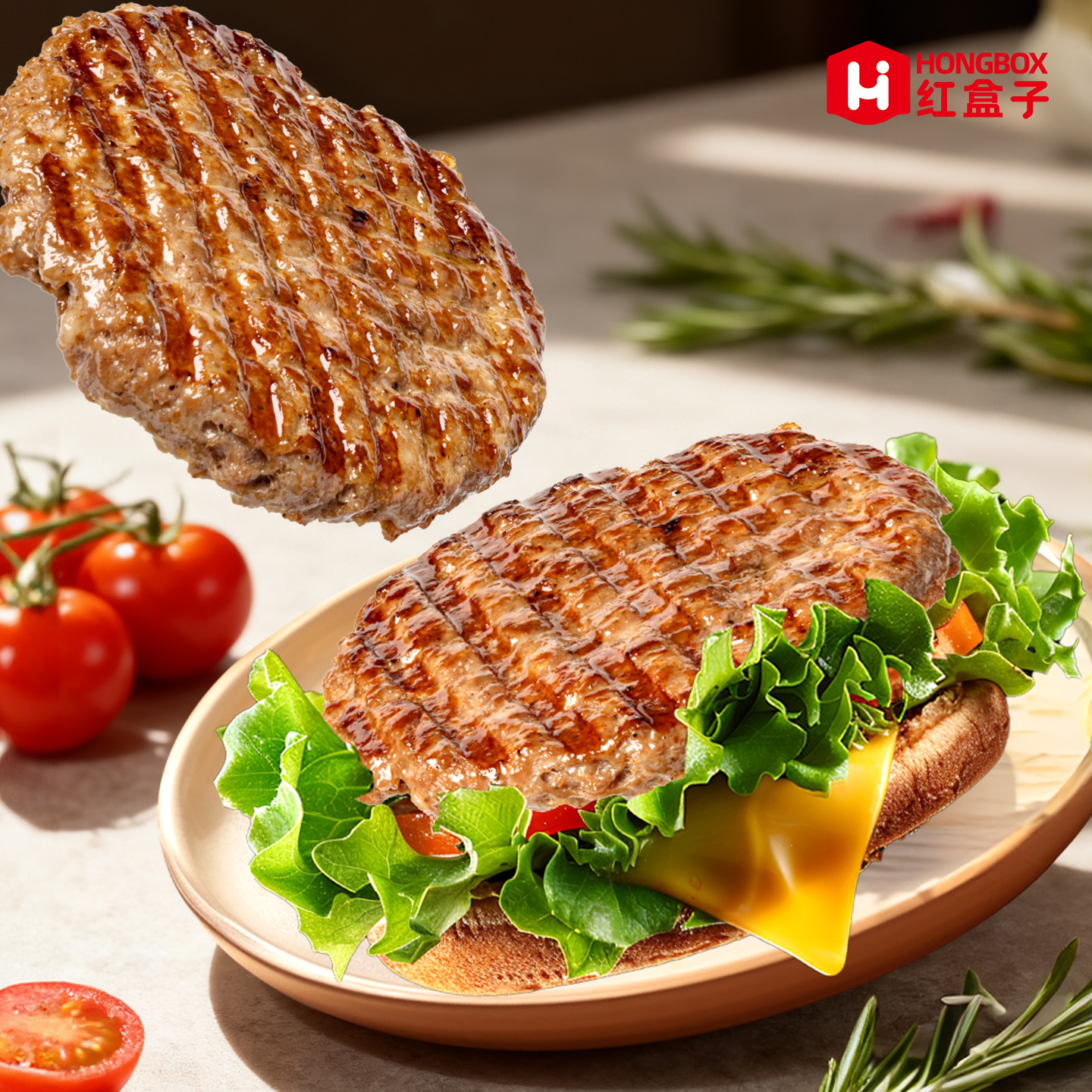 红盒子安格斯牛肉饼谷饲牛肉汉堡儿童学生早餐汉堡