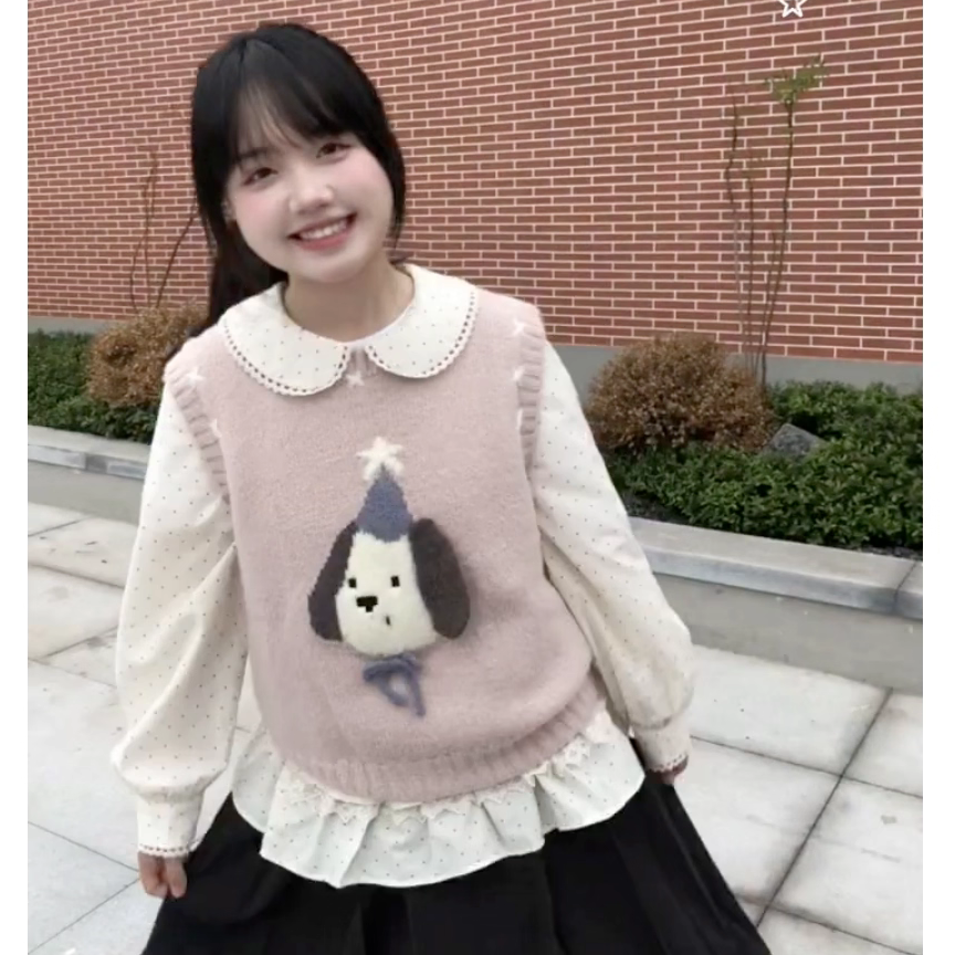 超可爱套装日系小个子小狗提花针织马甲娃娃领波点上衣女学生套装,淘宝优惠券,粉丝福利购,淘宝优惠卷