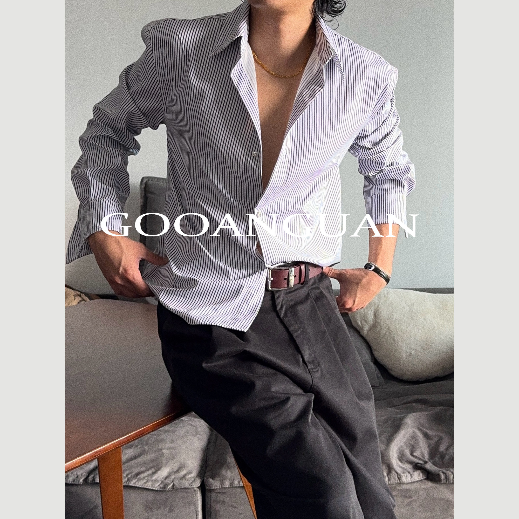 谷安关钻扣衬衫正肩黑白色收腰翻领上衣抗皱纯色男生长袖cleanfit,淘宝优惠券,粉丝福利购,淘宝优惠卷