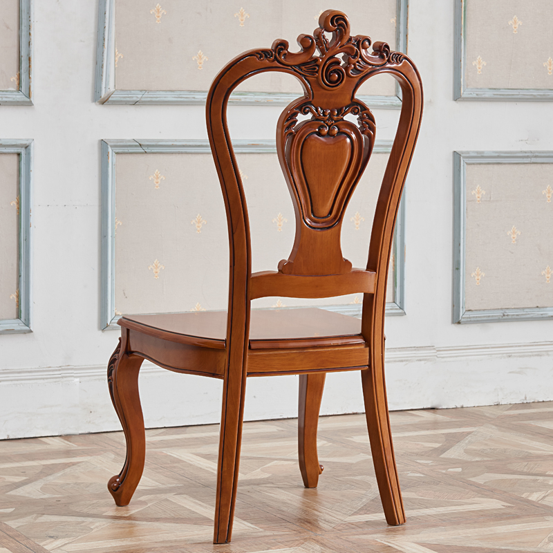 粤港家具 欧式餐椅实木橡木真皮椅餐椅双面雕花酒店椅美式书桌椅