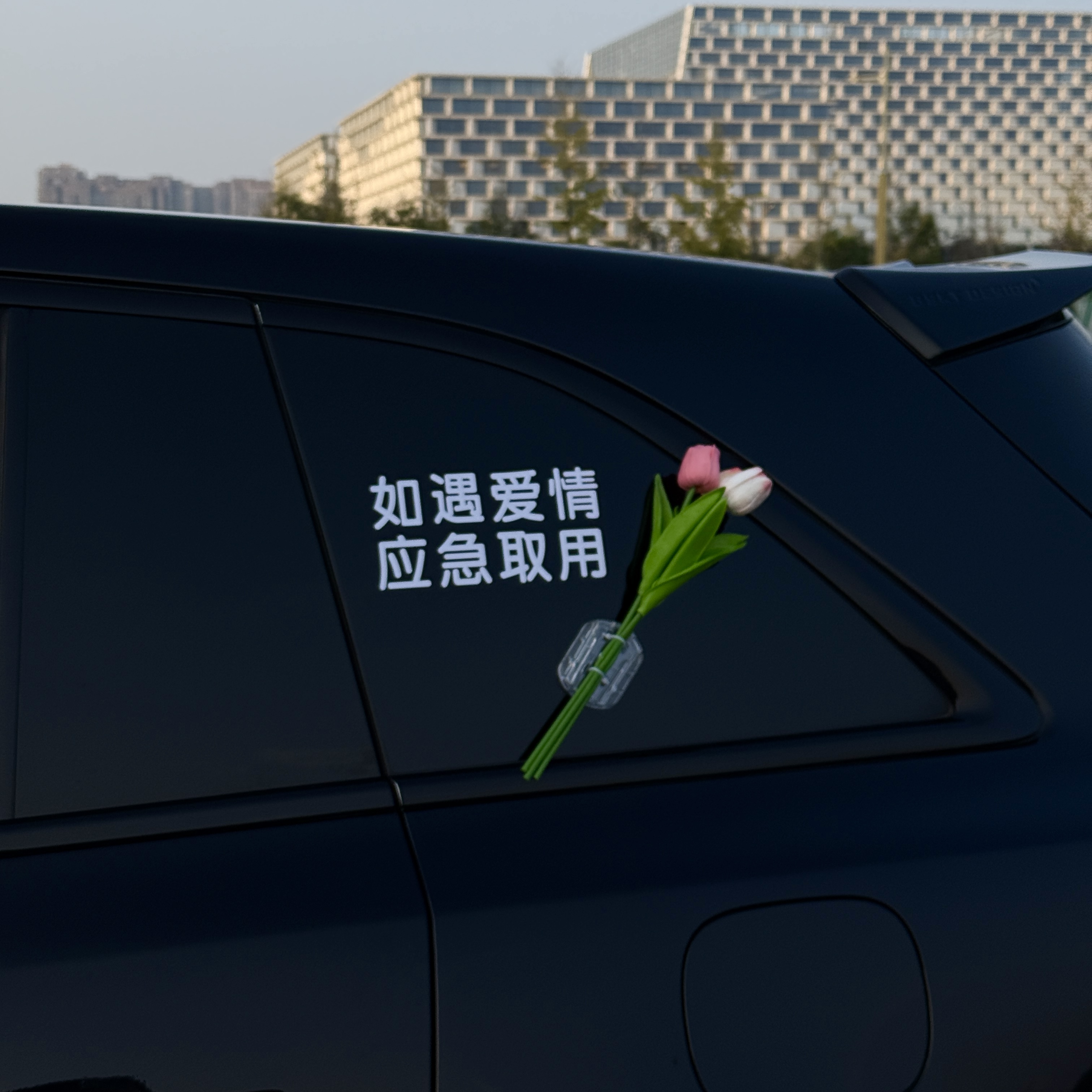 如遇爱情应急取用车贴纸车载郁金香花束汽车电动车玻璃车身装饰 - 图0