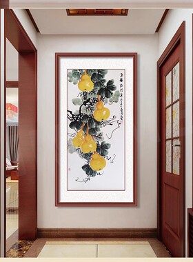 五福临门国画纯手绘中式玄关过道装饰挂画客厅饭厅竖Y版福禄画葫