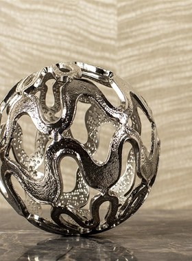 现代简约金属银色镂空球形摆件样板间售楼处N电视柜办公室桌面饰