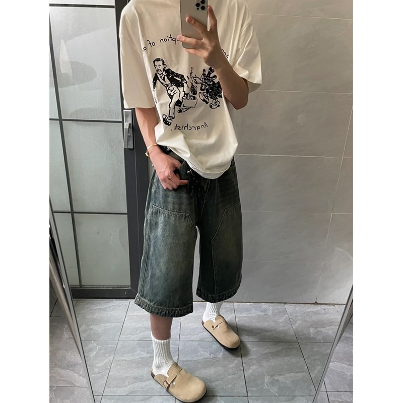 美式复古街头水洗伐木七分牛仔短裤男女宽松休闲做旧过膝阔腿裤子 - 图3