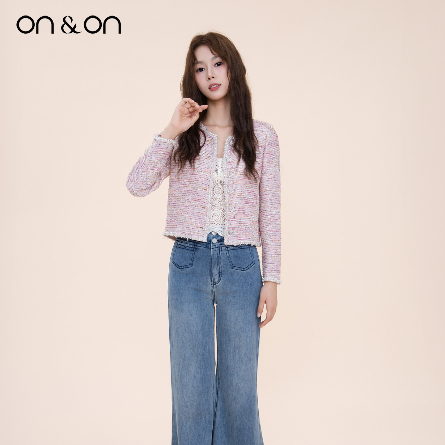 ON＆ON/安乃安2025冬季新款法式手工钉珠单排扣轻奢小香风短外套,淘宝优惠券,粉丝福利购,淘宝优惠卷