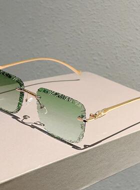 个性破碎造型镜片无边方框防晒墨镜ins风豹子头金配件太阳镜