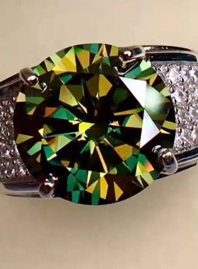 霸气男款绿莫桑钻戒指VVS净度八心八切工925银镶嵌