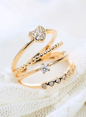 极速韩版人气关节l戒指 时尚甜美精美爱心微镶锆石4层开口戒指环