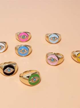 极速欧美时尚新品滴油锆石恶魔之眼开E口个性复古可调节戒指戒指F