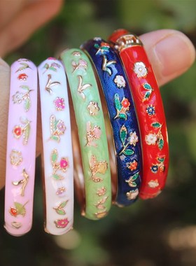 极速中国风北京旅游礼品儿童小碎花景泰蓝手N镯彩釉镀金手镯送小