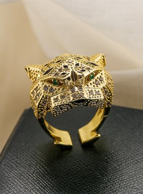 极速澳古  跨境欧m美轻奢嘻哈豹子戒指女真金电镀锆石小众个性戒