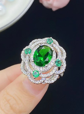 极速MM日韩镶钻祖母绿钻玉石女生开口戒指M镂空花朵方圆橄榄椭圆
