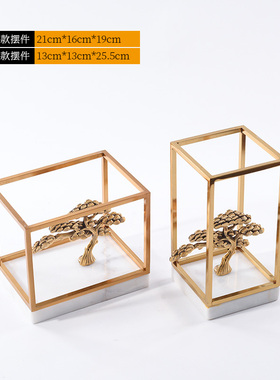 新品新中式黄铜迎客松摆件金属z大理石工艺品样板间别墅书房摆设