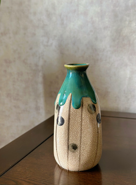 日本中古花器 老织布濑户手绘点彩绿挂釉方圆器形几何可爱花器