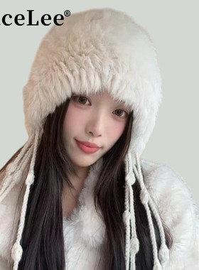 FaceLee日本设计师联名款白色兔毛帽子女款冬加厚保暖护耳包头针