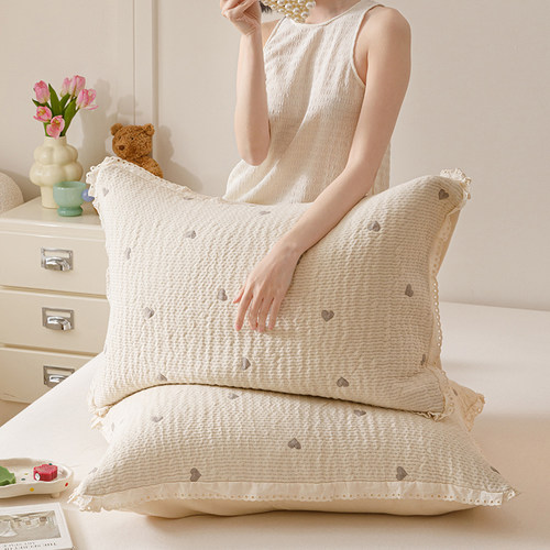 韩式全棉纱布色织提花枕套柔软可当枕巾纯棉枕头套一对装2025新款 - 图1