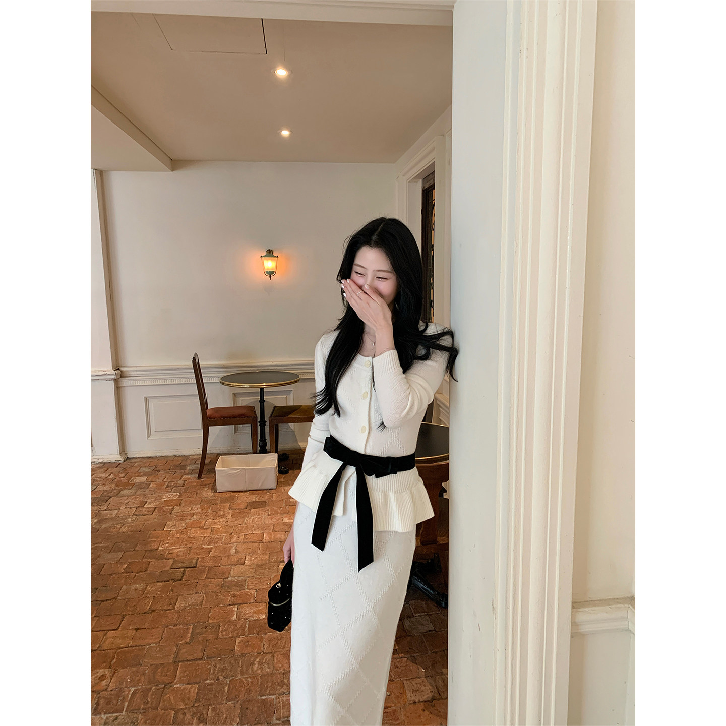 炸鸡欧尼JeJuna 轻法茉莉 可拆卸收腰丝绒蝴蝶结羊毛针织开衫套装,淘宝优惠券,粉丝福利购,淘宝优惠卷