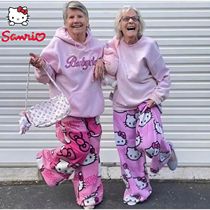Sanrio Hello Kitty Pajamas Pants Black Pink Anime Flannel Wo
