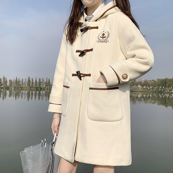 College-style woolen coats with cotton and thickening, autumn and winter clothing for high school and junior high school students, girls and older children, horn-button woolen coats