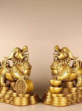新款直销铜貔貅一对财运貔貅吉祥黄铜皮丘客厅玄关店铺办公室摆件