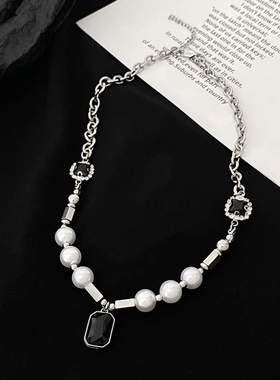 嘻哈项链 潮酷黑色水晶珠拼接项链女ins嘻哈轻奢小众毛衣链