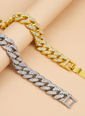 新款 欧美嘻哈男士满钻手链 18k环保电镀hiphop霸气手镯手饰 厂家