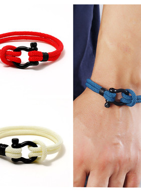 新款 欧美时尚手链男士编织手环锁扣不锈钢情侣红绳手绳学生首饰