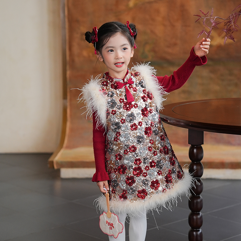 80889女童连衣裙高级感重工设计驼鸟毛立体珠绣亮片旗袍裙背心裙 - 图1