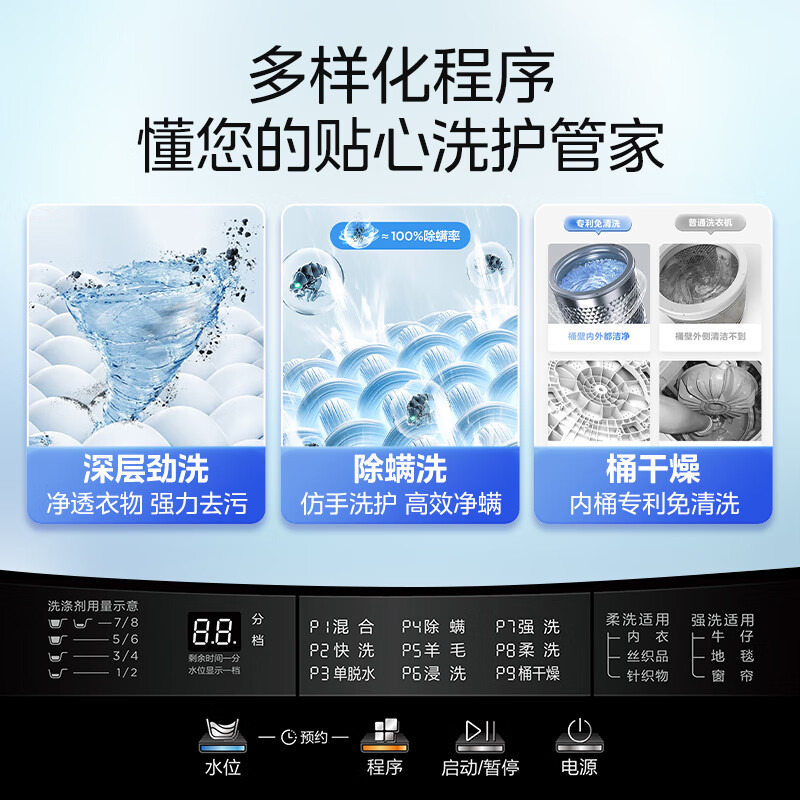 美的直驱变频10/12kg波轮洗衣机全自动家用租房大容量官方旗舰