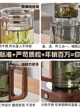 空盒子茶水分离泡茶杯耐高温办公室大容量木把水杯高硼硅玻璃杯