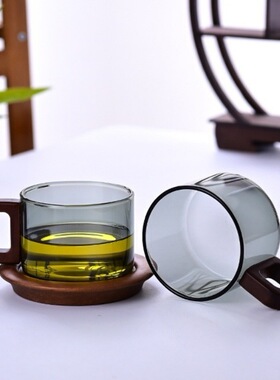 空盒子墩墩小容量木把杯烟灰透明两色 高硼硅玻璃品茗杯 水果布丁