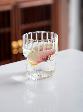 空盒子条纹透明玻璃胖胖杯 儿童牛奶甜品杯 家用高硼硅玻璃果汁咖