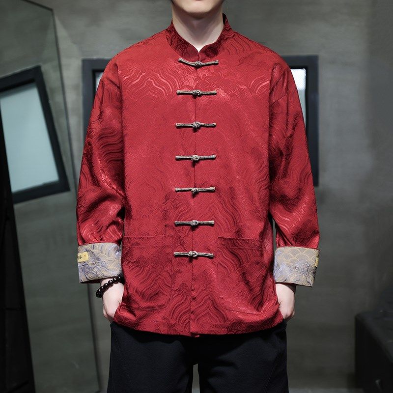 中国风春夏水波纹暗纹提花唐装男衬衫中式盘扣绸缎高品质长袖茶服,淘宝优惠券,粉丝福利购,淘宝优惠卷