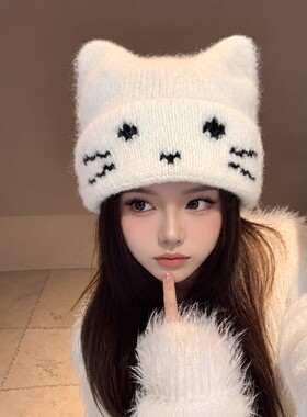 白色猫耳朵帽子女秋冬新款日系甜美可爱大头围针织帽毛线帽护耳帽