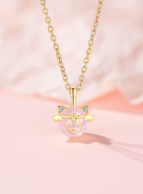 原创设计福运新年系列金钱猫项链女可爱金色小猫吊坠锁骨链