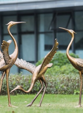 极速新中式户外仿铜抽象仙鹤玻璃钢雕塑楼K盘园林景观水池造景装