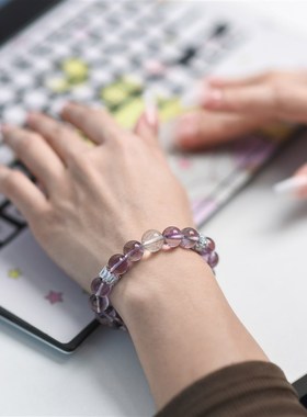 如一欢喜 爆闪银发晶手链女玻利维亚紫黄晶天然紫水晶手串女精致