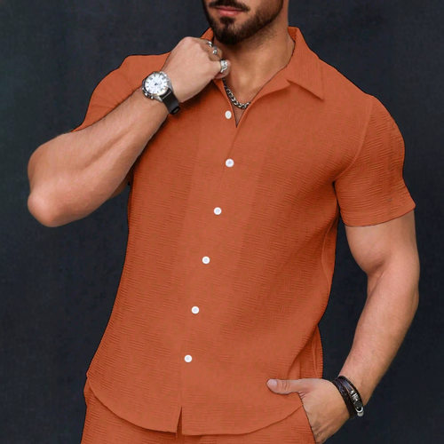 纯色翻领宽松短袖衬衫Solid color lael loose short sleed shirt - 图1