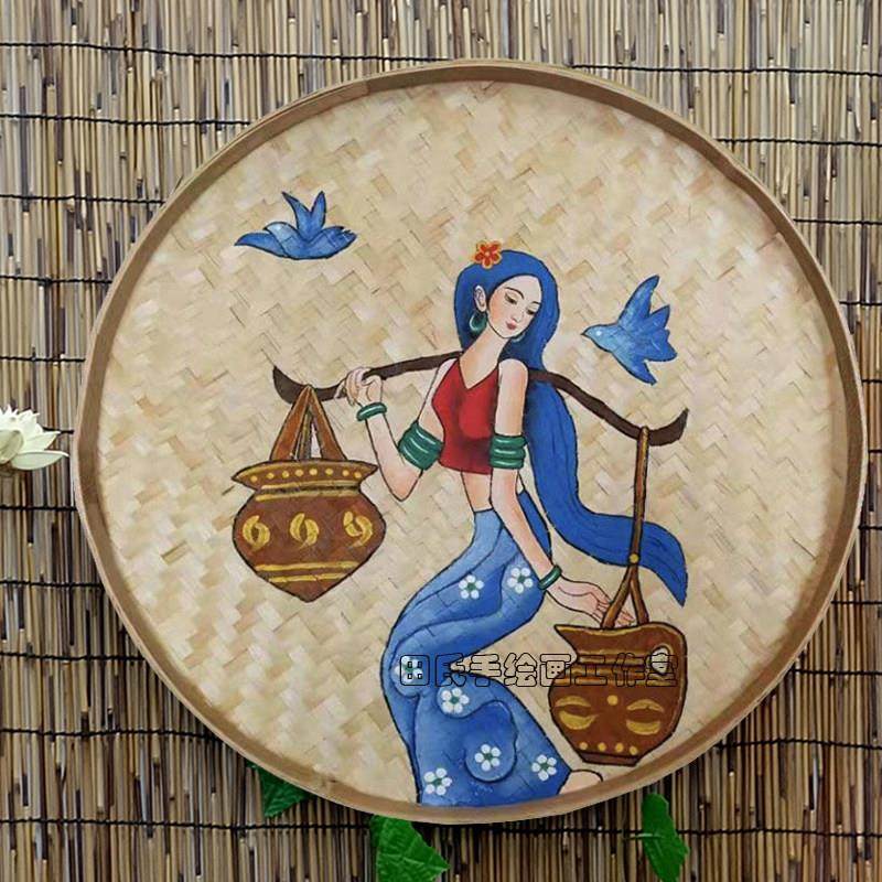 手绘竹编簸箕画云南特色文化装饰画田园民宿墙面墙壁挂饰挂件壁饰,淘宝优惠券,粉丝福利购,淘宝优惠卷