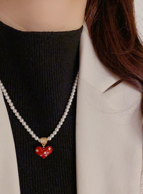 红色爱心波点珍珠项链气质时尚温柔百搭设计感锁骨链简约高级颈链
