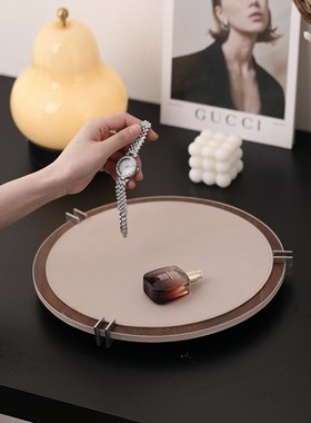 现代简约胡桃木皮革方形圆形托盘置物创意摆件桌面装饰品样板间