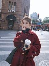 chaiopai wine red double-sided cashmere big coat 2023 winter new medium length thickened fur coat