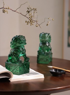 小灵狮子玄关书靠书立桌面板房间客厅中式艺术翠璃瑞狮装饰摆件