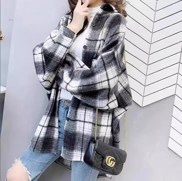磨毛加厚长款灯笼袖格子衬衫