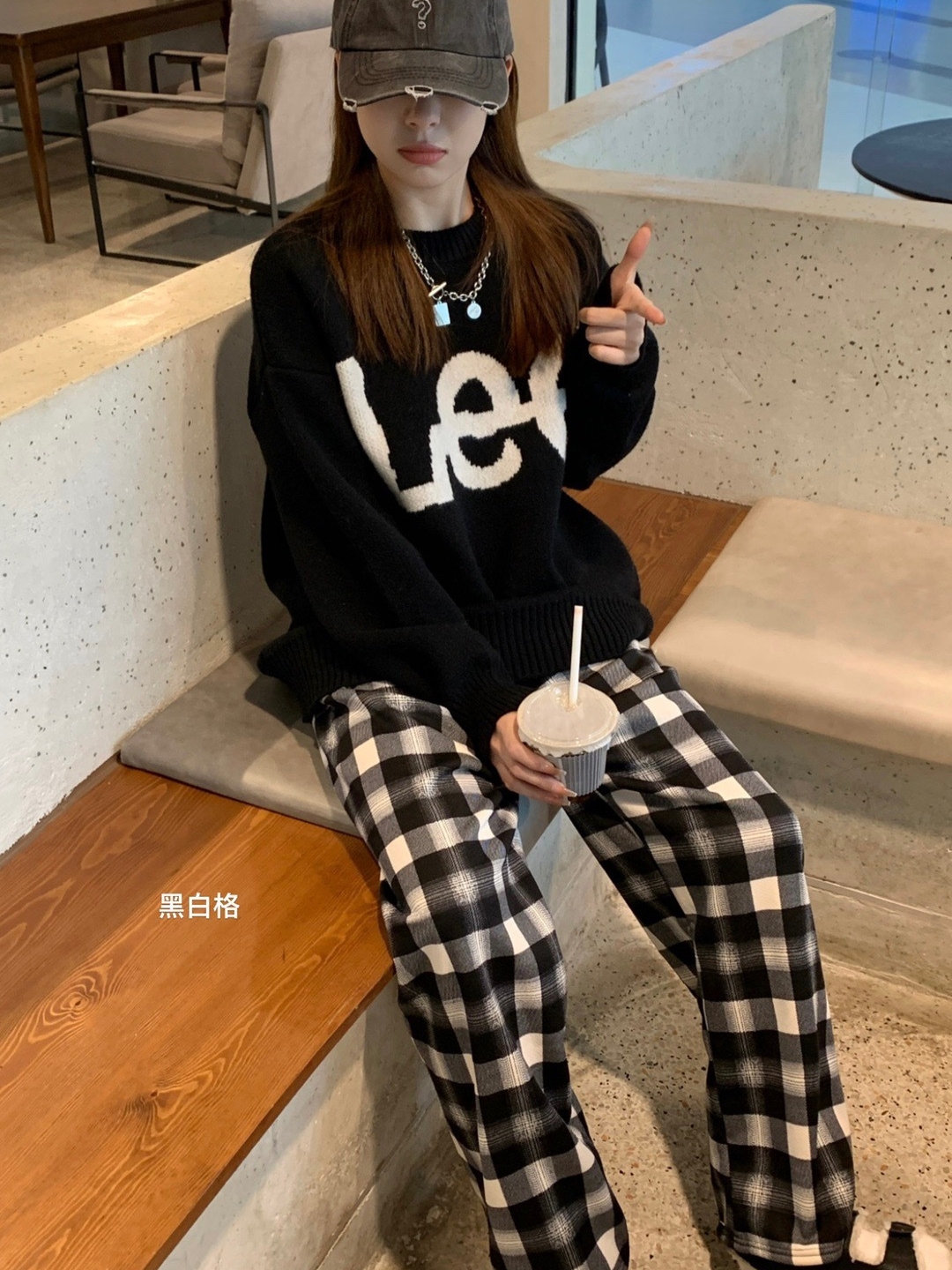 高腰显瘦加绒加厚格子休闲裤子